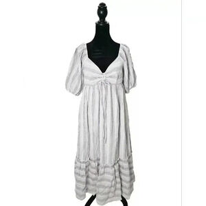 Moodie Boho Cottagecore Striped Seersucker Tiered Midi Dress